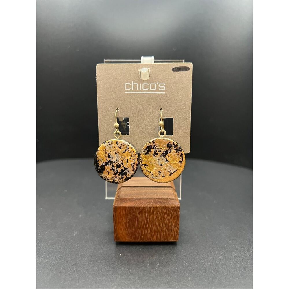 Chico's Gold Tone Foil Flake Black Round Dangle Earrings